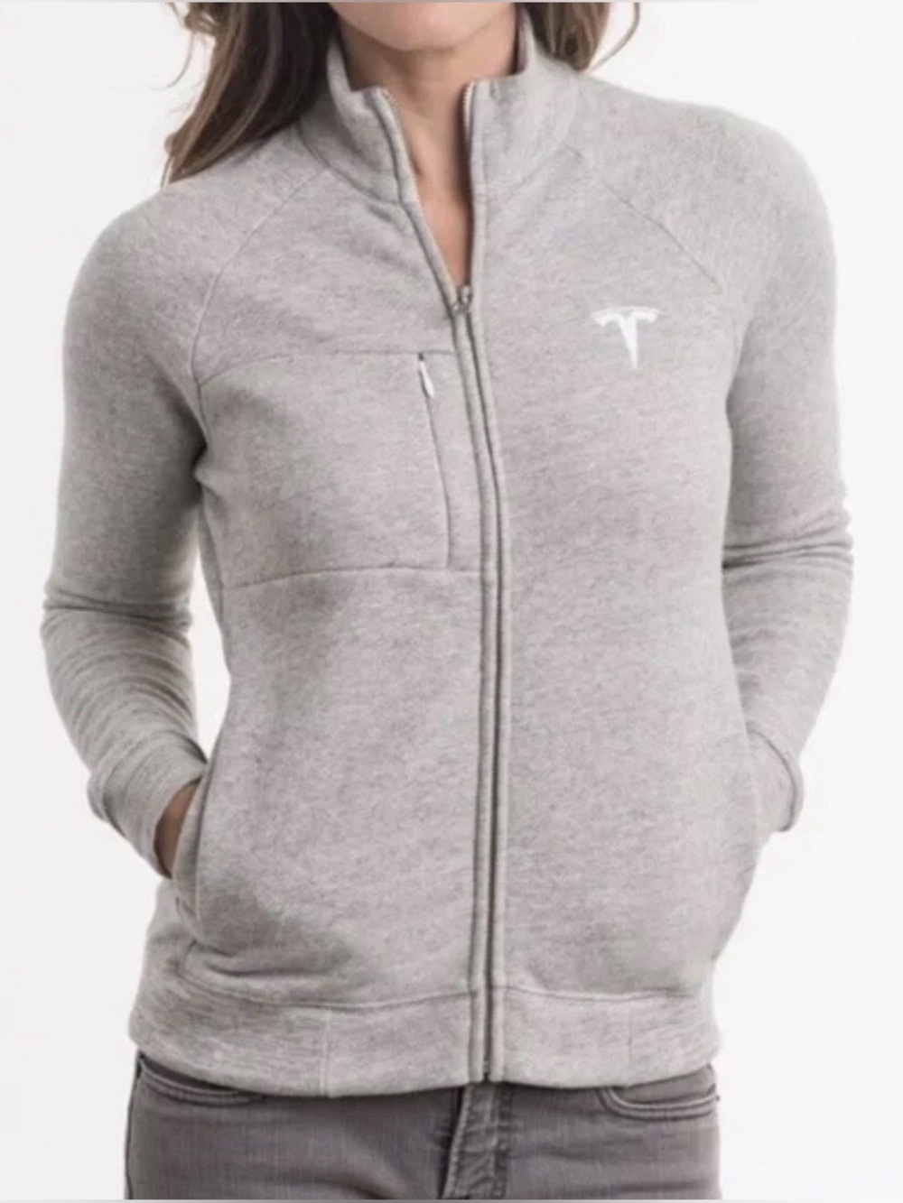 Tesla Womens Grey Full-Zip Jacket Small Organic Cotton Merch Raglan Techwear